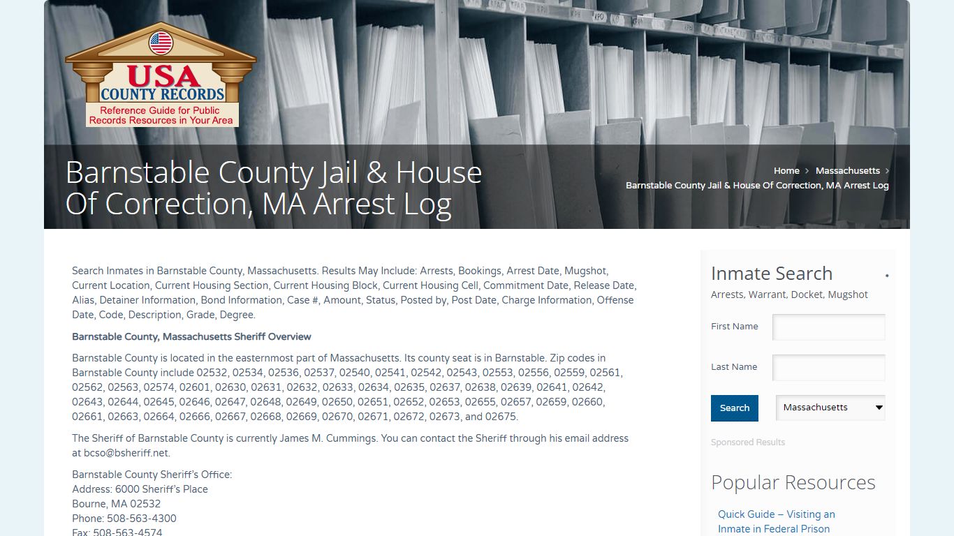 Barnstable County Jail & House Of Correction, MA Arrest Log
